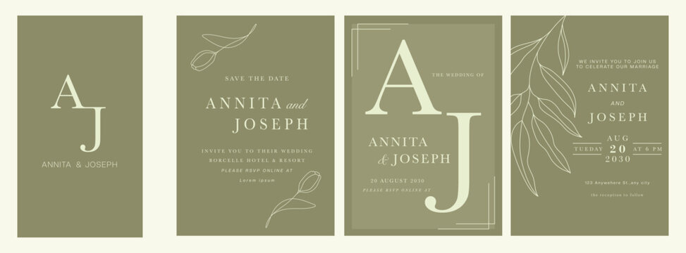 Green Luxury Wedding Invitation set,  invite thank you, rsvp modern card Design in greenery branches  decorative Vector elegant rustic plus social media template 