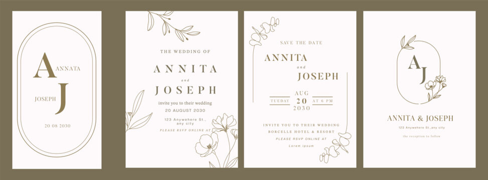White Luxury Wedding Invitation set,  invite thank you, rsvp modern card Design in leaf greenery branches  decorative Vector elegant rustic plus social media template 