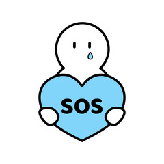 Obraz premium Simple character holding a blue heart with SOS text, crying person icon