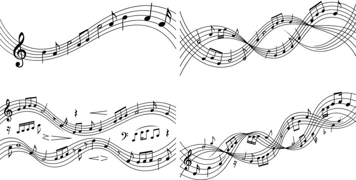 Abstract musical notes and flowing staff wave vector collection for creative music background designs