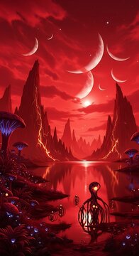 Dramatic alien landscape displays jagged mountains reflected in a still, red body of water under a sky filled with multiple moons