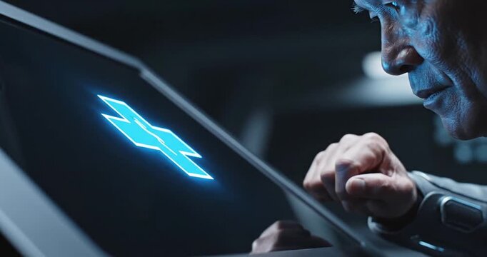 Man Interacting with Futuristic Touchscreen Technology.