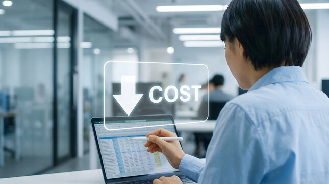 Businessperson analyzing cost reduction on laptop in modern office with decreasing expense concept