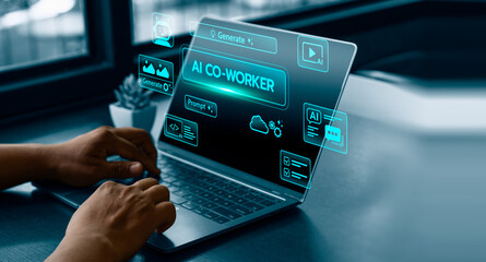 AI co worker interface on laptop with digital generate prompt chat automation and analytics icons representing human and artificial intelligence collaboration for modern business workflow