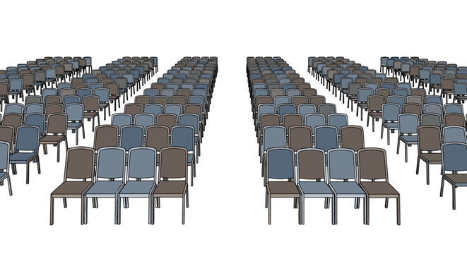 Numerous empty lecture hall chairs in alternating blue and brown colors are neatly arranged in parallel rows facing the front.
