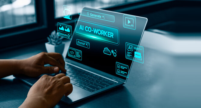 AI co worker interface on laptop with digital generate prompt chat automation and analytics icons representing human and artificial intelligence collaboration for modern business workflow