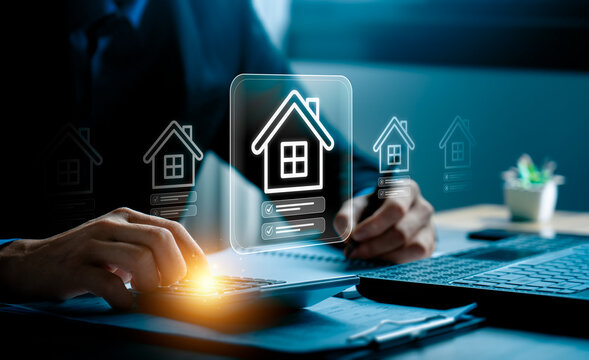 Business professional calculating real estate value with digital house interface and checklist icons representing property evaluation mortgage planning and smart investment decision in modern finance
