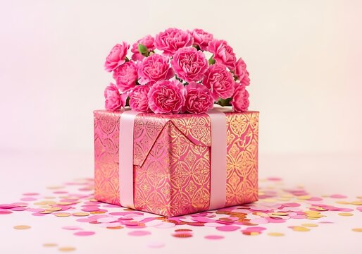 Ornate pink present topped with a bouquet of small blossoms sits amidst scattered confetti