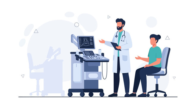 Doctor Explains Ultrasound Scan to Patient in Medical Office