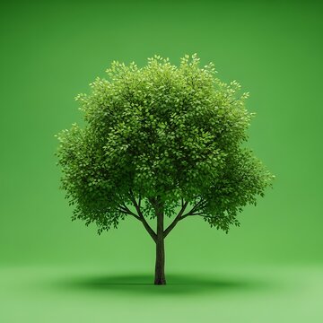 Lush green deciduous tree stands centered against a vibrant monochromatic background