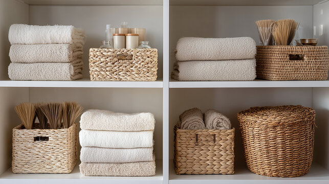 Organized shelf with folded towels and wicker baskets in minimalist interior ideal for home storage organization lifestyle and clean living concepts