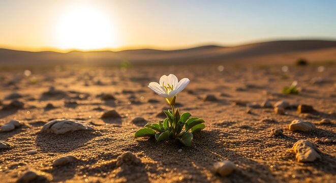 Solitary white flower blooms vibrantly in arid desert landscape at sunset
