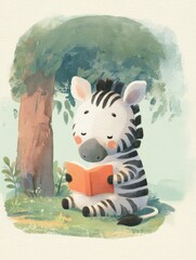 Naklejka premium Zebra's Delight: A Tranquil Reading Moment