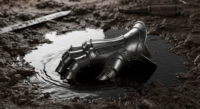 Worn Knight's Gauntlet Lying in Muddy Puddle