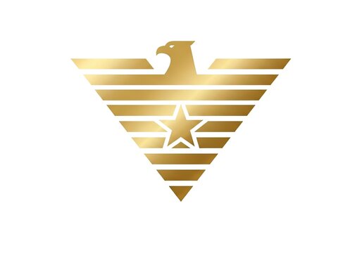 Gold eagle head logo with star and horizontal stripes