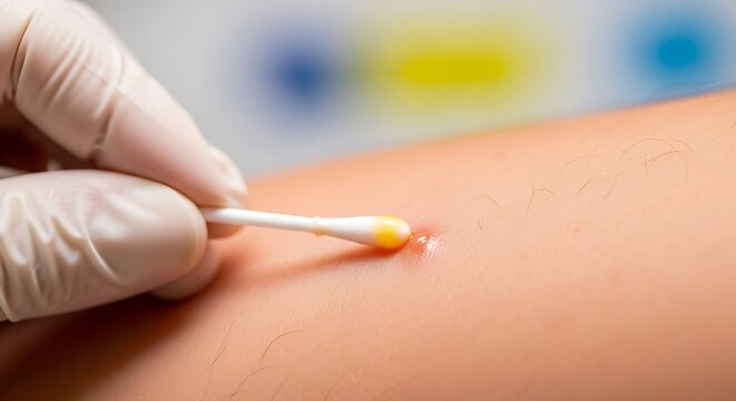 Medical professional applying antiseptic to a minor wound on a persons arm