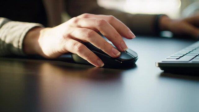 Human hands in modern business-casual shirt precisely operate sleek black computer mouse on clean dark desk. Keyboard blurred, implied screen glow background, rack focus, warm light. Concept of