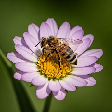 Honeybee gathers nectar from the center of a light purple composite flower outdoors
