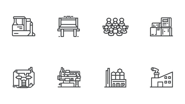 Industrial Icon Set: A collection of meticulously crafted line art icons represents various aspects of industry, from machinery and factory buildings to production processes, and teamwork. 