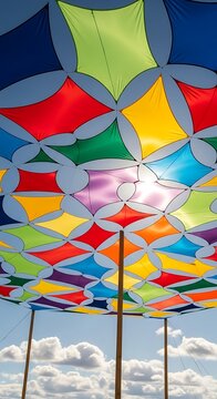 Colorful geometric fabric canopy stretches across a bright sunny sky with scattered clouds