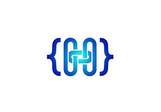 Intertwined blue letter G logo inside curly brackets on white