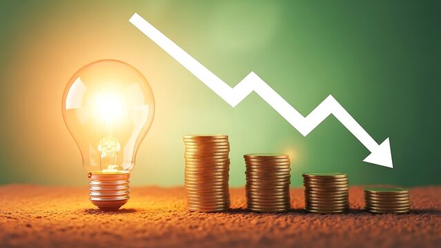 Conceptual image of decreasing financial growth with lightbulb on coins stacks