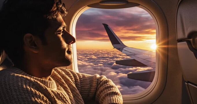 Man looking out airplane window sunset.