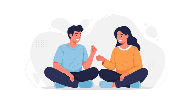 Young couple sitting cross-legged, talking and smiling, flat design illustration