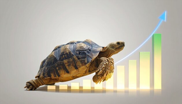 Turtle beside green bar graph with bars increasing in height left to right, glowing arrow rising diagonally upward, concept of slow steady progress and improvement over time, symbolic visual metaphor.