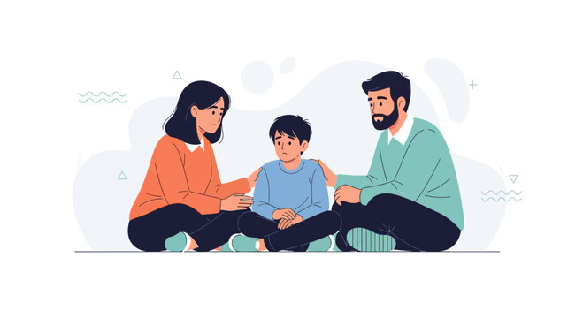 Family Comforting Sad Child, Parents Support Son, Emotional Support, Love, Care