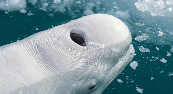 A fascinating macro photograph focusing on the forehead of a Beluga Whale as it changes shape to focus its echolocation. The shot captures the fluid, squishy texture of the white skin 