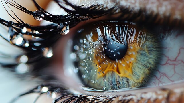 Eye moisture beads macro extreme closeup eyelashes water droplets suspended crying emotional tears hazel iris professional lighting optical effects