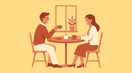 Fototapeta premium A man and woman sit at a small table enjoying coffee together in a cozy setting