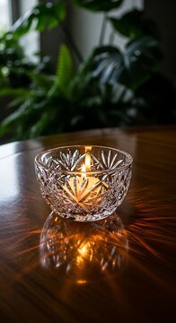 Illuminated candlelight glows warmly within a cut crystal votive holder resting on a polished wooden surface