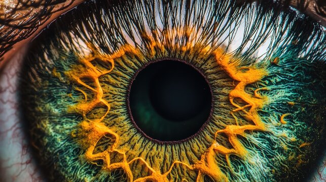 Iris pattern variation macro human iris crypts radial furrows green amber orange pigmentation natural color mixing unique structure texture detail