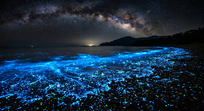 &nbsp;A conceptual, long-exposure photograph of thousands of Firefly Squid (Watasenia scintillans) glowing along a dark shoreline. The water is a luminous, neon cobalt blue as the squid emit light 