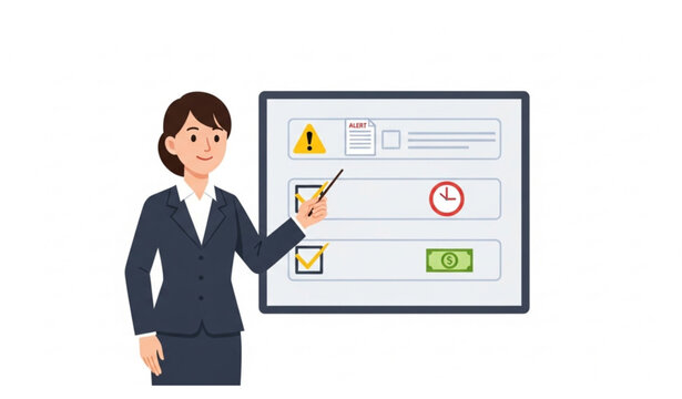 Japanese businesswoman explaining business precautions checklist with warning icons flat vector illustration