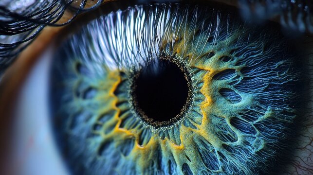 Iris pattern closeup detailed macro blue-green eye complex radial striations crypts pupil corneal reflections eyelash texture natural highlights