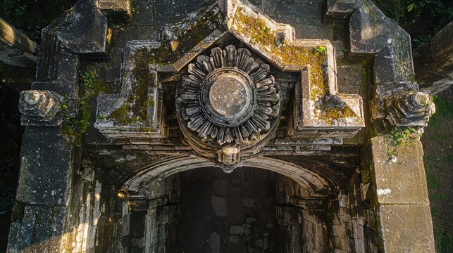 Bridge keystone detail ornate carved rosette medallion historic stone arch weathered masonry moss patina aerial drone photography American railway tunnel entrance