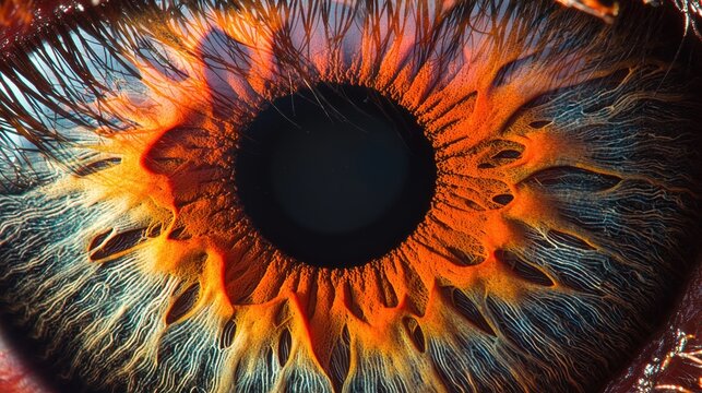 Iris color depth macro photography showcasing vibrant orange patterns, visible striations, complex fiber structures with perfect pupil contrast