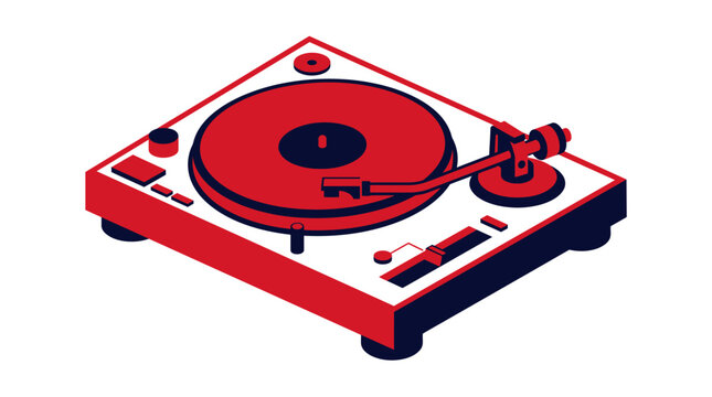 A red and white turntable with a black base and accents sits on a plain background