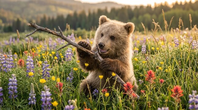 Playful Bear in Colorful Wildflowers Bear Wildlife Nature Flowers Playful Grizzly Animal. Concept featuring bear, wildlife, nature, flowers, playful for professional commercial design.
