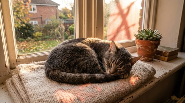 Cozy Cat Napping by the Window Cat Sleeping Windowsill Sunlight Cozy Home Pet. Concept featuring cat, sleeping, windowsill, sunlight, cozy for professional commercial design.