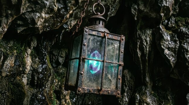 Vintage Lantern with Glowing Crystal Lantern Vintage Cave Glowing Crystal Rustic Mystical. Concept featuring lantern, vintage, cave, glowing, crystal for professional commercial design.