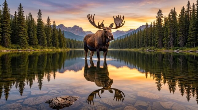 Majestic Moose at Sunset by Tranquil Lake Moose Lake Sunset Nature Wildlife Reflection Mountains. Concept featuring moose, lake, sunset, nature, wildlife for professional commercial design.