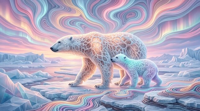 Surreal Polar Bears in Dreamy Landscape Polar Bears Surreal Art Dreamlike Landscape Colorful Skies Ice Wildlife Fantasy. Concept featuring polar bears, surreal art, dreamlike landscape, colorful sk...