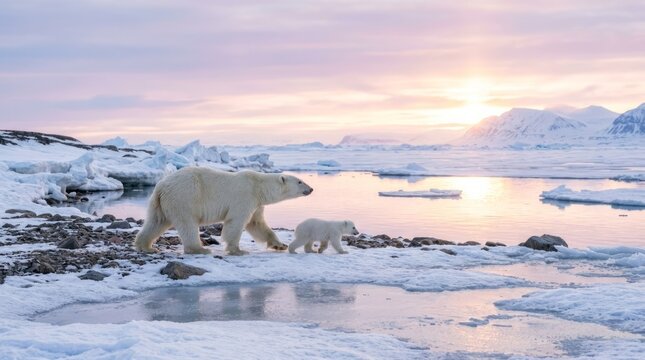Polar Bear and Cub on Ice Polar Bear Cub Ice Arctic Wildlife Nature Sunset. Concept featuring polar bear, cub, ice, arctic, wildlife for professional commercial design.