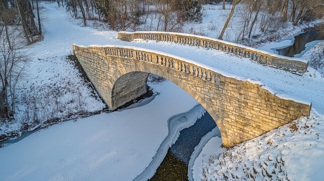 Snowy bridge scene historic limestone arch bridge winter landscape aerial view showcasing classical American engineering and decorative balusters