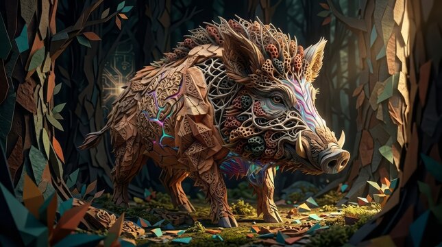 Artistic Wild Boar in a Forest Wild Boar Artistic Design Forest Nature Animal Art 3D Illustration Wood Textures. Concept featuring wild boar, artistic design, forest, nature, animal art for profess...