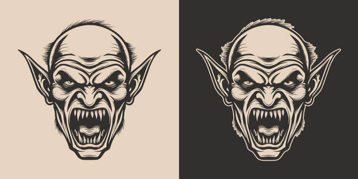 Vintage retro engraving woodcut style sketch draw paint of vampire scary halloween cartoon head front view